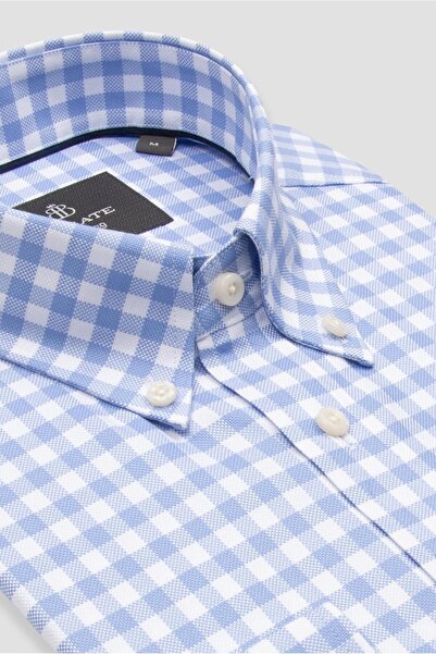 Abbate Lusso Twill Cotton Comfort Fit Light Blue Button Collar Men's Checkered Shirt