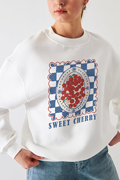 Disante Hanorac oversize pentru femei cu imprimeu Sweet Cherry – Gât cu gât r...