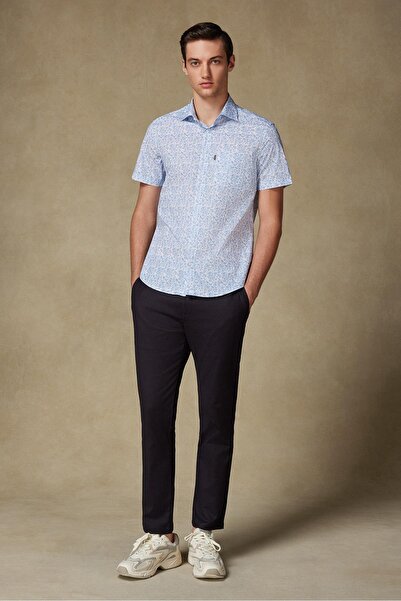 Abbate Мъжка риза с принт от памук Vento Poplin, удобна кройка, бяла, класическа яка