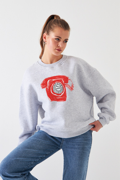 Disante Hanorac oversize pentru femei cu imprimeu retro – decolteu crew, flee...