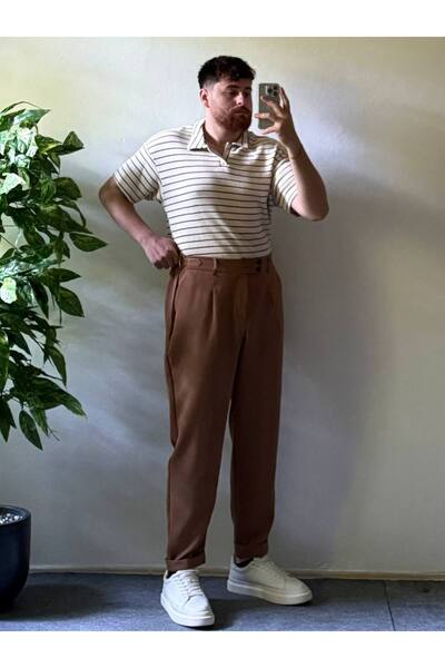 Arvens Men's Oversize Summer Knitwear Polo Collar, Striped Knitted Fabric, Wide Fit Short Sleeve Model