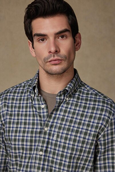 Abbate Ανδρικό πουκάμισο με καρό σχέδιο Aldomar Poplin Cotton Comfort Fit με πράσινο γιακά με κουμπιά