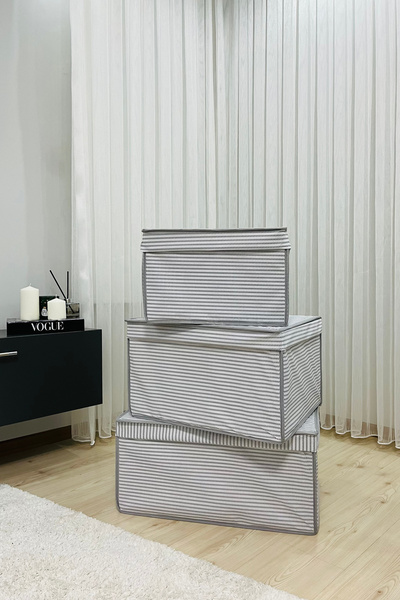 VAYBE 3lü Set Gri Çizgi Desen Çok Amaçlı Saklama Kutusu,kutu Hurç Kutu Organizer Oyuncak Kutusu