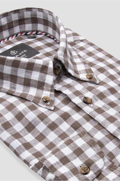 Abbate Sorento Ленена комфортна риза с кафяв копчест яка за мъже