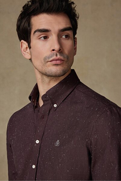 Abbate Luca Dobby Cotton Comfort Fit Burgundy Button-Down Collar Men's Plain Shirt