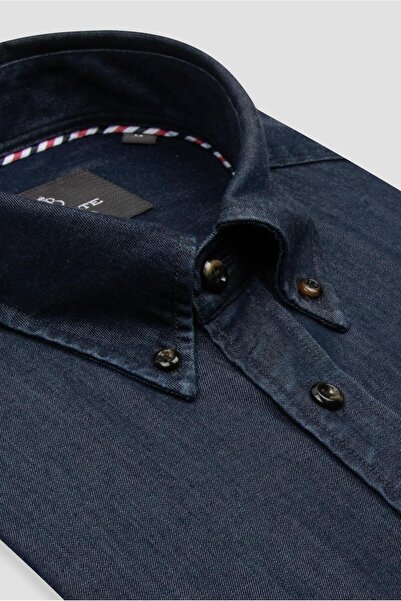 Abbate Gino Denim Lyocell Comfort Fit Lacivert Düğmeli Yaka Erkek Düz Gömlek