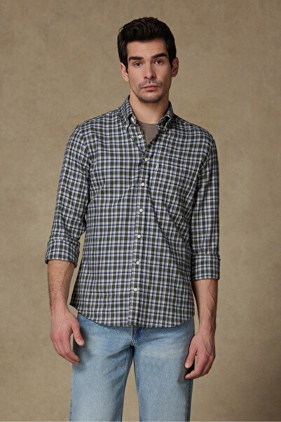 Abbate Ανδρικό πουκάμισο με καρό σχέδιο Aldomar Poplin Cotton Comfort Fit με πράσινο γιακά με κουμπιά