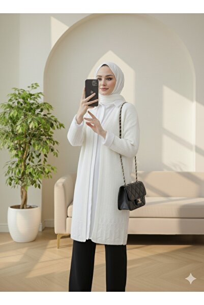 Modamorfo Skirt Patterned Openwork Cardigan - Ecru