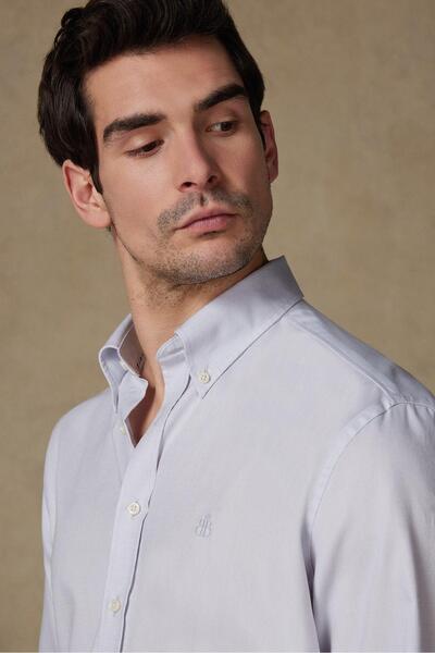 Abbate Matteo Royal Oxford Pamuklu Comfort Fit Açık Gri Düğmeli Yaka Erkek Düz Gömlek