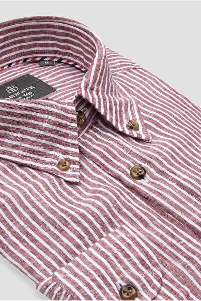 Abbate قميص سورينتو كتان كتان مريح بياقة مخططة وأزرار حمراء للرجال