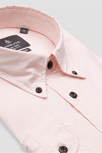 Abbate Mario Poplin Pamuklu Comfort Fit Pembe Düğmeli Yaka Erkek Düz Gömlek