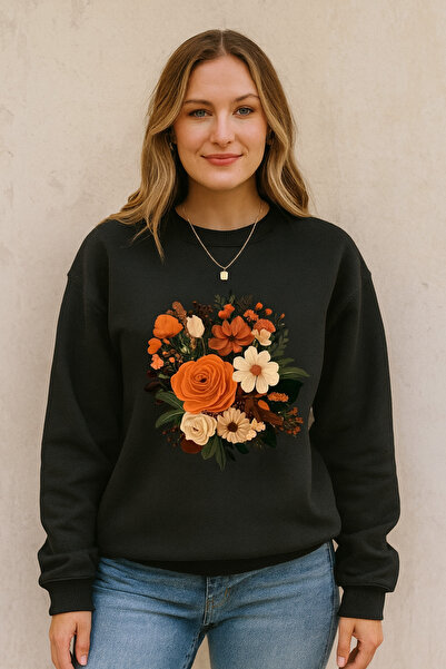 Wish BF Kadın Siyah Çiçek Demeti Baskılı Oversize Sweatshirt