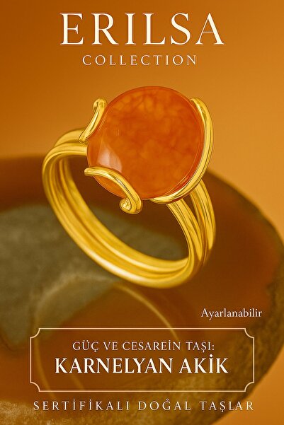 Tesbih Atölyesi Sertifikalı Gold Rokoko Model Karneol - Karnelyan Akik Taşı Yüzük