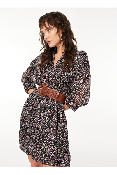 Selen Dik Yaka Emprime Siyah Standart Kadın Elbise 23KSL7359