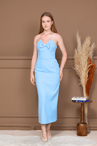 BEYBOS Rochie creion fără bretele din țesătură Atlas - ALBASTRU BEBE