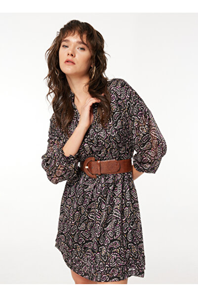 Selen Dik Yaka Emprime Siyah Standart Kadın Elbise 23KSL7359