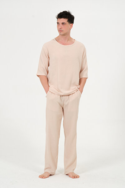 RELAXL %100 Pamuk Baggy Alt Oversize Üst Bej Müslin Pijama Takımı