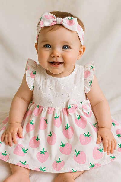 Renata's kız bebek çilek ve kiraz desenli yazlık bandanalı elbise