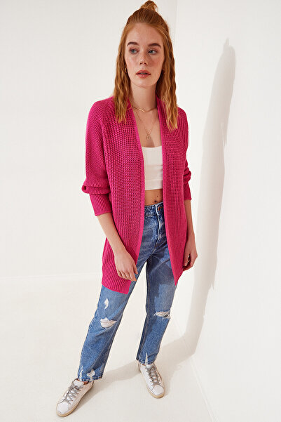 Lovelyİstanbul Dunkelrosa Thessaloniki gestrickte Basic-Strickjacke – LYG0004