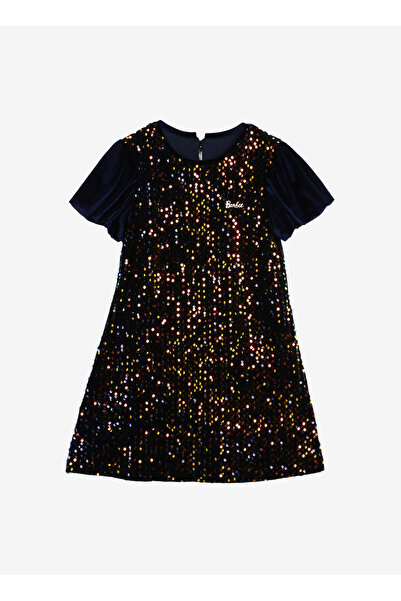 Barbie Payetli Lacivert Kız Çocuk Kısa Elbise BRB3WG-ELB2