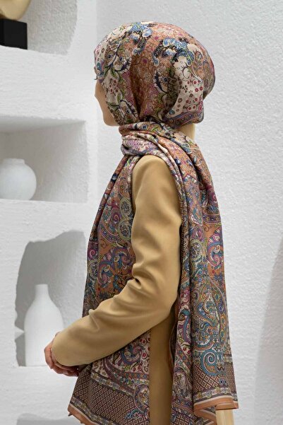 Vissona %100 İPEK ETRO DESENLİ SOMON - HAKİ RENKLİ ŞAL