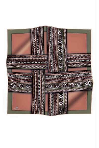 Vissona Twill Silk Ethnic Patterned Khaki - Copper Colored 90X90 Scarf Sewing