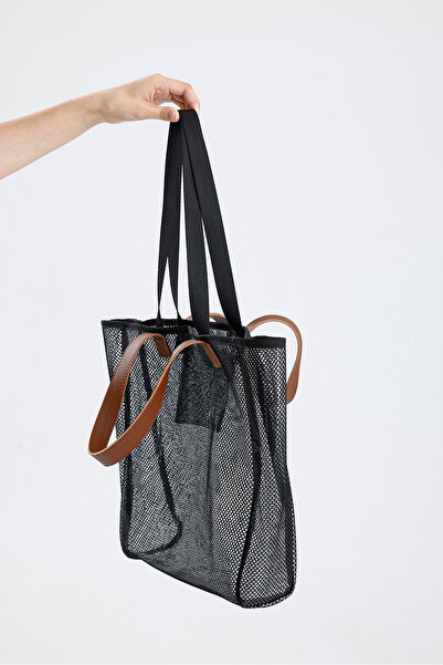 HEYBE'S Women's Black Mesh Transparent Large Size Beach And Shopping Shopper Tote Shoulder Bag