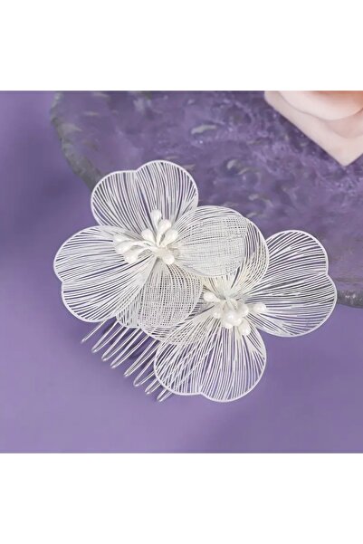 Tasarım Çiçekli Gelin Saç Aksesuarı - Taraklı Düğün Nikah Saç Aksesuarı