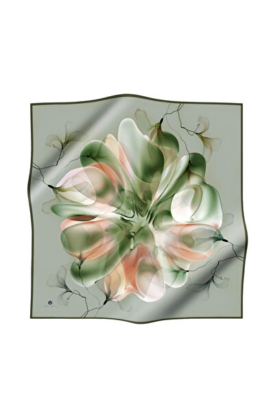 Vissona 100% Twill Μετάξι Μεγάλο Κασκόλ με Σχέδιο Λουλουδιών, Χακί - Σομόν, Χρώμα 90x90 Μέθοδος Ραπτικής: Ράψιμο στο Χέρι