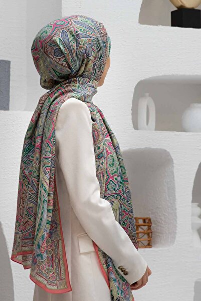 Vissona 100% Silk Etro Patterned Pomegranate Flower - Pistachio Green Colored 92X210 Shawl