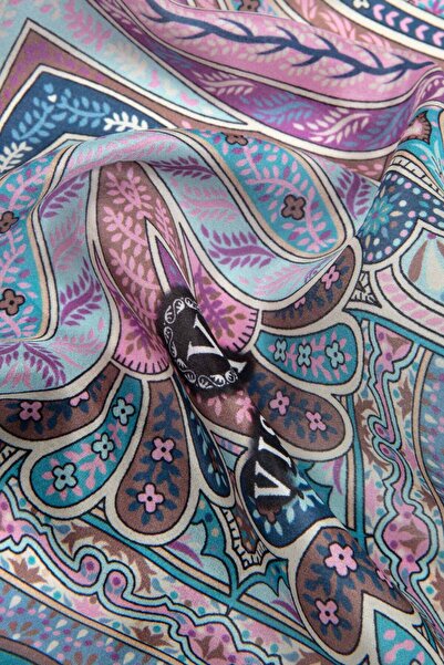 Vissona 100% Silk Etro Patterned Indigo - Pink Colored 92X210 Shawl