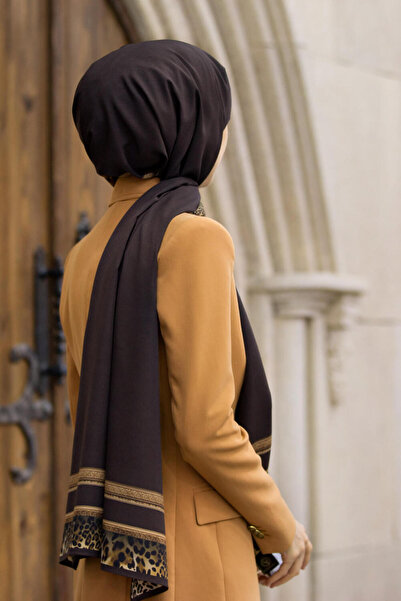 Vissona Luxurious Medina Silk Leopard Bordure Patterned Brown Colored 75X195 Crimp-Free Swallow Moss Crepe Stitch Type in