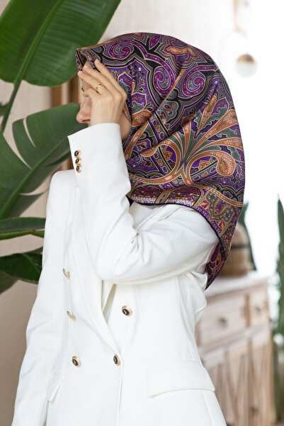 Vissona 100% Twill İpek Etnik Desenli Siyah - Mor Renkli 90x90 Dikim Şekli : ...