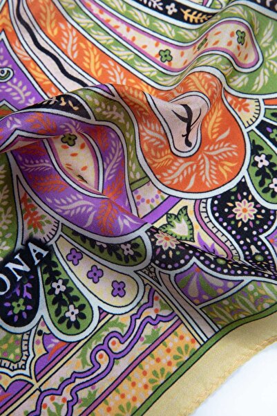 Vissona 100% Silk Etro Patterned Lemon Yellow - Orange Colored 92X210 Shawl