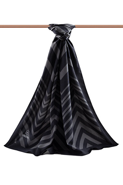 Vissona LÜKS MEDİNE İPEĞİ ZİGZAG DESENLİ SİYAH RENKLİ 75X195 KIRIŞMAZ ŞAL MOSS KREP DİKİŞ TİPİ İTALYAN DİKİŞ