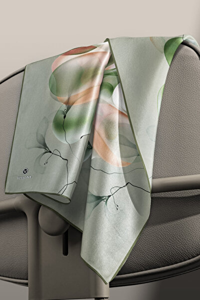 Vissona 100% Twill Μετάξι Μεγάλο Κασκόλ με Σχέδιο Λουλουδιών, Χακί - Σομόν, Χρώμα 90x90 Μέθοδος Ραπτικής: Ράψιμο στο Χέρι