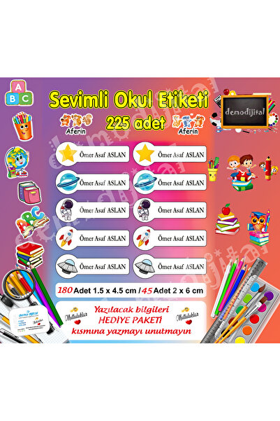 Demo Etiket okul etiketi 225 Adet Defter Kalem sticker