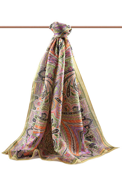 Vissona 100% Silk Etro Patterned Lemon Yellow - Orange Colored 92X210 Shawl