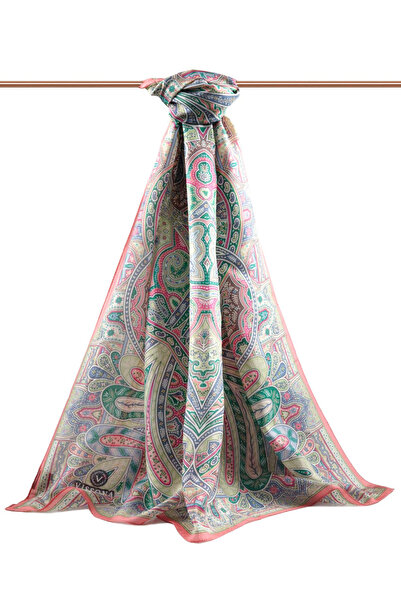 Vissona 100% Silk Etro Patterned Pomegranate Flower - Pistachio Green Colored 92X210 Shawl