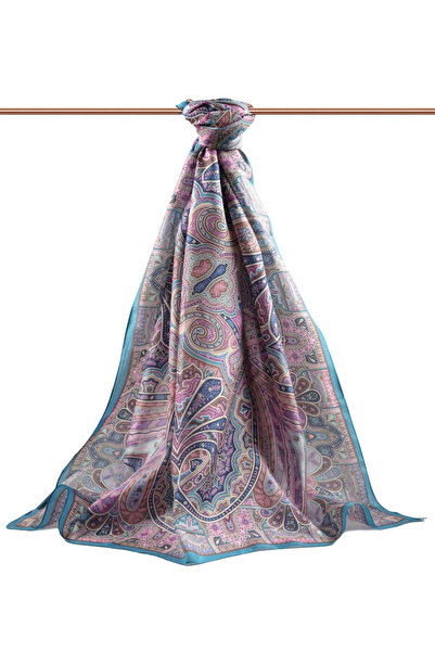 Vissona شال حرير 100% منقوش باللون النيلي - وردي مقاس 92x210