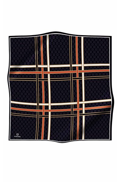 Vissona 100% Twill Silk Gold Striped Monogram Patterned Black - Tan Colored 90X90 Scarf Sewing Shape: Hand Sewing