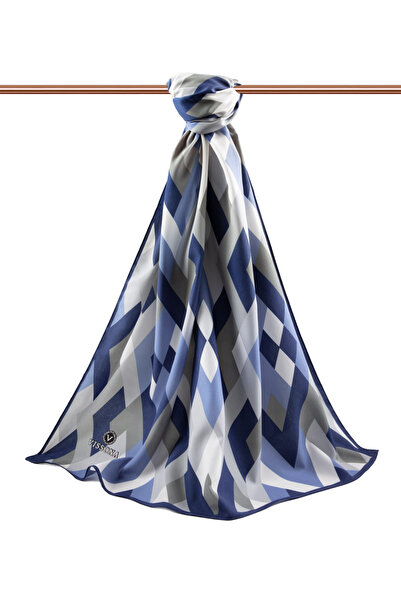 Vissona Luxury Medina Silk Geometric Patterned Indigo - Gray Color 75X195 Wrinkle Free Shawl Moss Crepe Stitch Type Ita