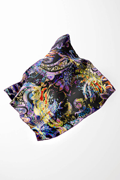 VİOLLA Twill Şal Desenli Lila Renkli 90x90 Eşarp (İpek İçermez) Kenar Dikiş Şekli El Dikişli