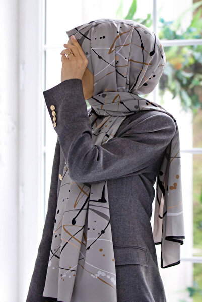 Vissona LÜKS MEDİNE İPEĞİ BOYA DAMLASI DESENLİ GRİ RENKLİ 75X195 KIRIŞMAZ ŞAL MOSS KREP DİKİŞ TİPİ İTALYAN D