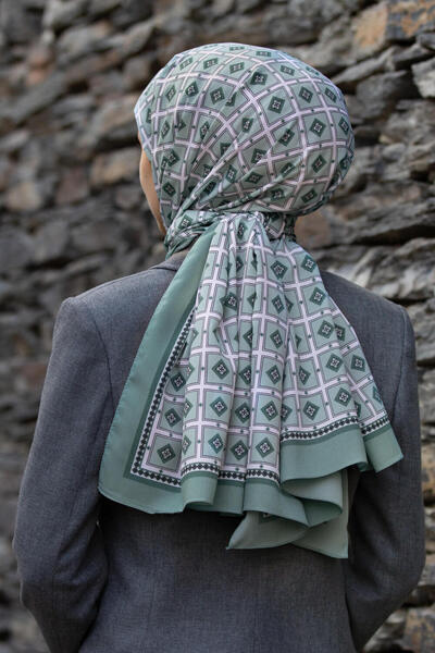 Vissona LÜKS MEDİNE İPEĞİ KARE DESENLİ KOYU MİNT RENKLİ 75X195 KIRIŞMAZ ŞAL M...