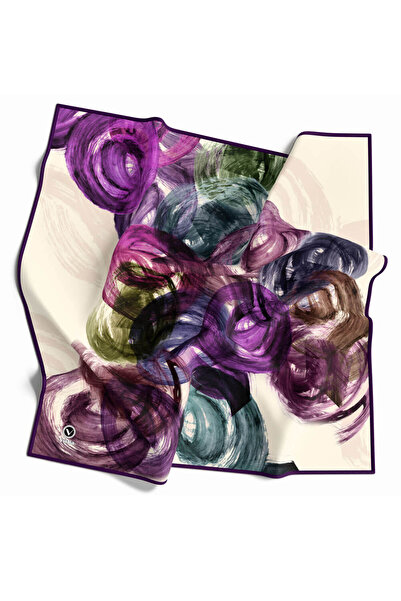 VİOLLA Twill Fırça Efektli Desenli Mor Renkli 90x90 Eşarp (İpek İçermez) Kenar Dikiş Şekli El Dikişli