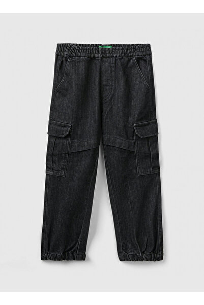 Benetton Yüksek Bel Düz Paça Siyah Erkek Çocuk Kargo Pantolon 4EJVCF024