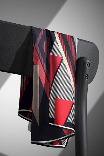 Vissona 100% Twill Silk Geometric Pattern Burgundy - Black Color 90X90 Scarf Planting Shape : Hand Sewn