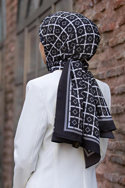 Vissona LÜKS MEDİNE İPEĞİ KARE DESENLİ FÜME  RENKLİ 75X195 KIRIŞMAZ ŞAL MOSS KREP DİKİŞ TİPİ İTALYAN DİKİŞLİ