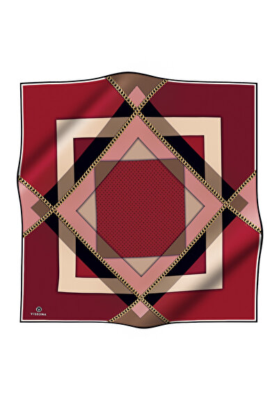 Vissona 100% Twill Silk Geometric Patterned Burgundy - Beige Colored 90X90 Scarf Sewing Shape: Hand Sewing